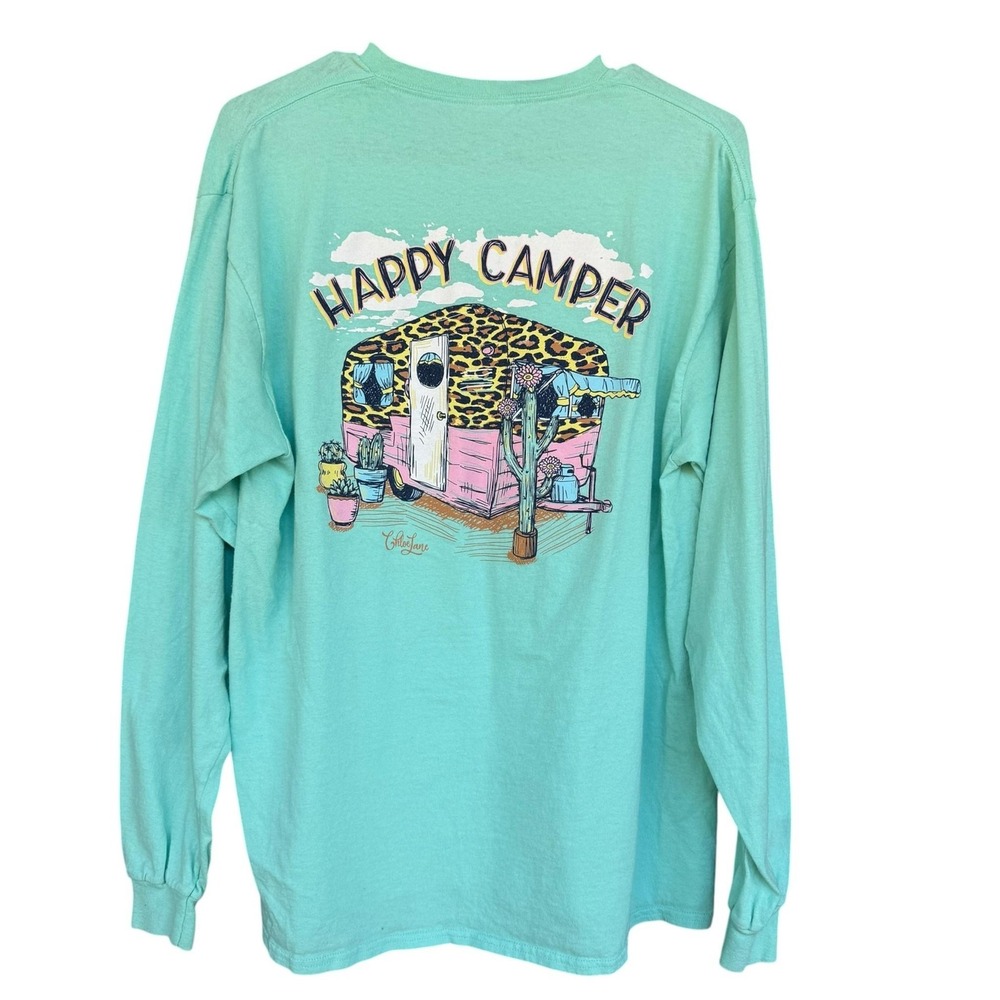 Chloe Lane Shirt Womens Large Green Happy Camper Trailer Graphic Tee Long Sleeve